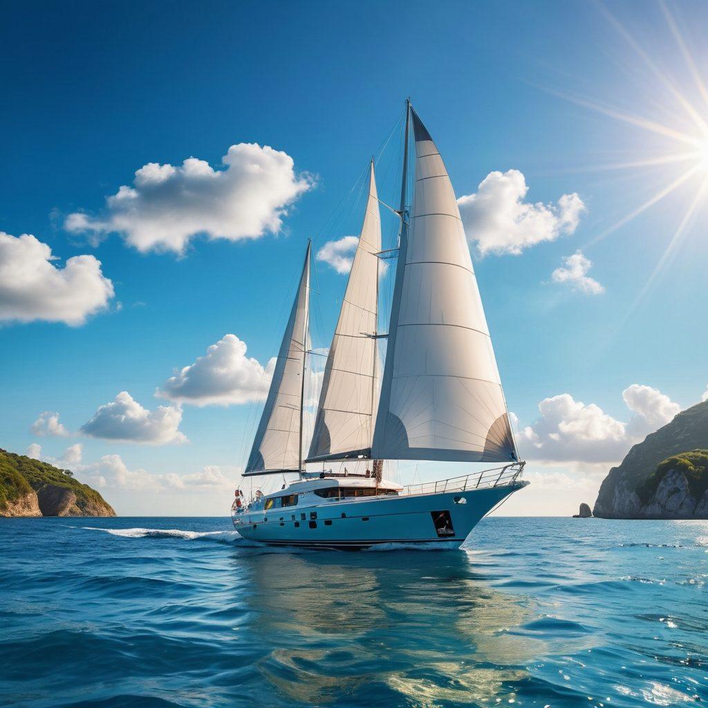 A majestic yacht sailing on calm azure waters, with the sun shimmering on the waves. The yacht's sails are adorned with various insurance icons like shields and check marks, symbolizing protection. In the background, a picturesque coastline with gentle hills and lush greenery adds to the serene atmosphere. Soft clouds float in a clear blue sky, enhancing the sense of tranquility. super-realistic. vibrant colors. oceanic theme.
