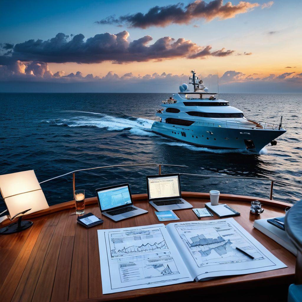 A luxury yacht anchored in calm blue waters, surrounded by picturesque coastlines. Show a diverse group of professionals discussing risk management strategies, with charts and maritime tools scattered around. Incorporate elements of security, such as a shield symbol looming over the yacht, and hints of stormy weather in the background to depict risk. The sun setting in the horizon adds warmth and hope. super-realistic. vibrant colors. 3D.