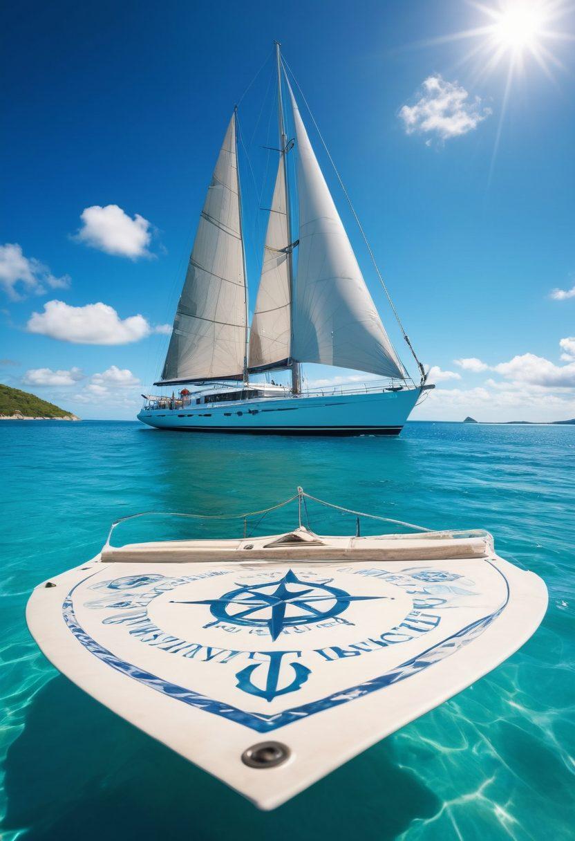 A serene view of a majestic yacht gliding across crystal-clear waters, with a bright sunny sky and fluffy white clouds. In the foreground, a confident sailor, basking in the moment, checks a detailed insurance policy spread out on the deck. Surrounding elements include nautical symbols like anchors and compasses, showcasing a sense of adventure and security. The color palette features vibrant blues and greens highlighting the sea and nature. super-realistic. vibrant colors. bright background.